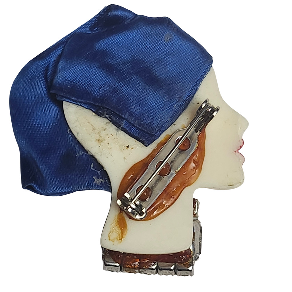 Vtg 1980s Deco Revival Diva Flapper Lady Rhinestone Blue Wrap Pin Brooch - Picture 3 of 3